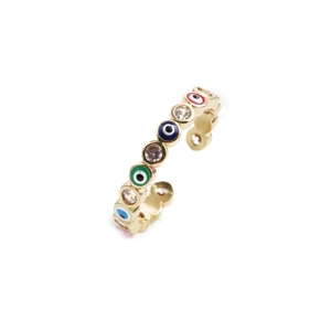 Detail of gold open ring with colorful evil eye enamel and cubic zirconia stones