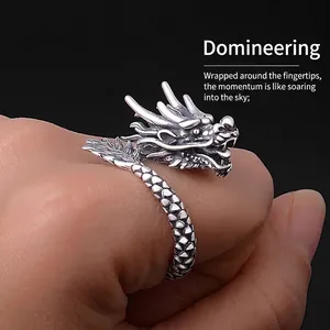 Retro dragon-shaped open ring in vintage silver finish with detailed scale textures