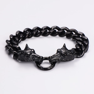 Punk black stainless steel wolf head bracelet with Cuban chain links for men