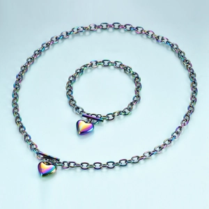 Rainbow plated stainless steel jewelry set with heart charms and toggle clasps