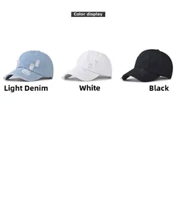 Detailed comparison of distressed denim baseball caps with rings in light blue, white, and black