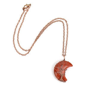Handmade copper wire wrapped Tree of Life crescent moon necklace with red jasper stone