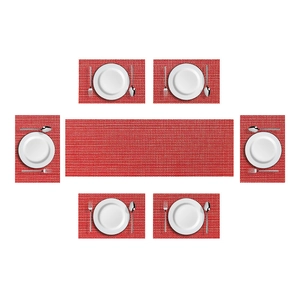 Red 7-piece PVC placemat and table runner set with elegant woven texture for dining