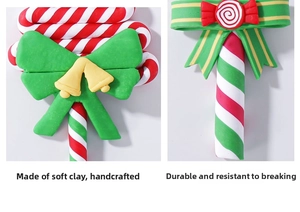 Detailed close-up of handmade polymer clay Christmas ornaments with festive spiral patterns