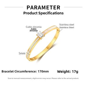 Detail view of gold steel bangle with square zircon and shell inlay measurements