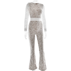 Detailed view of white lace long sleeve jumpsuit with waist cincher and flared leg