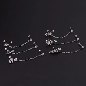16G stainless steel chain ear stud set with zircon floral and crown shapes for multi-piercings