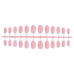Pink almond press-on nails with silver glitter French tips displayed on a rack