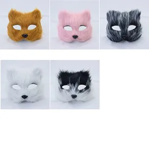 Furry long-haired fox and cat half-face masks in five colors for Halloween cosplay party