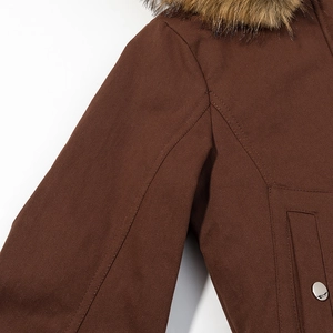 Dark brown hooded parka for women featuring a detachable faux fur collar and twill fabric