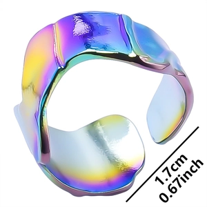 Adjustable iridescent irregular lava texture ring with size measurements shown