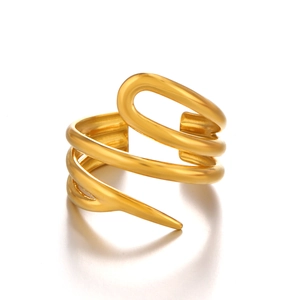 Modern gold geometric open ring with wrap-around U-shape and matte stainless steel finish