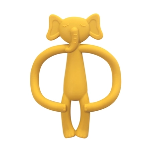 Yellow elephant silicone baby teether toy for soothing infant gum pain on white background