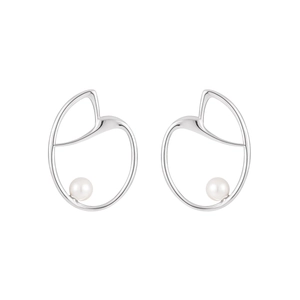 Minimalist S925 sterling silver geometric heart earrings with white pearls on white background