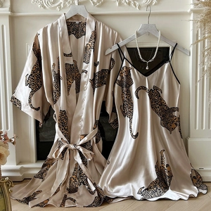 Luxurious satin leopard print two-piece pajama set with V-neck slip dress and robe