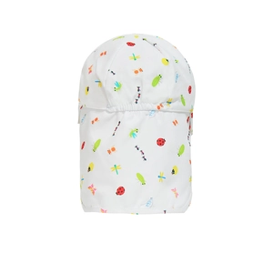 Detailed view of kids sun hat featuring colorful insect prints and neck protection flap