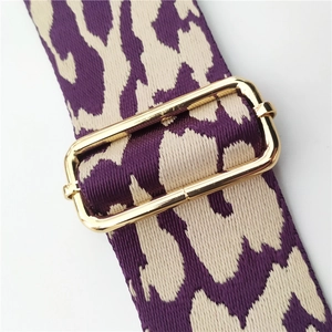 Adjustable 5cm wide leopard jacquard bag strap with golden metal buckles in purple and beige