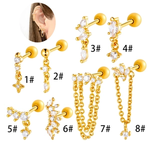 Set of 8 gold titanium steel piercing earrings with stars, zircons and chain tassels