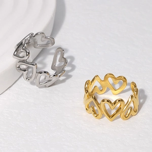 Minimalist 18K gold and silver plated stainless steel open rings with heart-shaped patterns