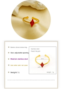 Detail of red marquise zircon ring with 18k gold plating and adjustable band size