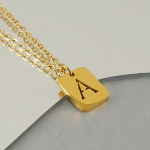 18k gold plated stainless steel necklace with letter A rectangular hollow pendant