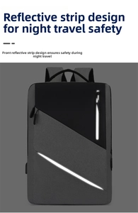 Detail of business backpack featuring reflective safety strips for high visibility at night