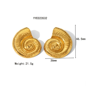 Detailed view of 18K gold plated conch earrings with 46.5mm height and 36mm width dimensions