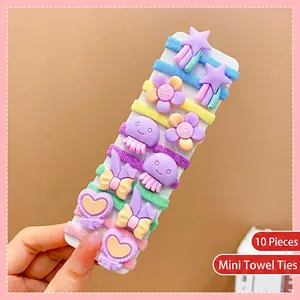Close-up of 10 macaron-colored elastic towel hair ties for kids on display card