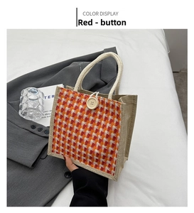 Close-up of red plaid jute tote bag with wooden button closure and cotton rope handle
