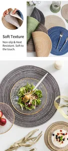 Detail van flexibele ronde geweven placemats in diverse kleuren met hittebestendige textuur