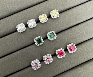 Macro detail of Asscher cut square crystal earrings in five vibrant colors with S925 silver