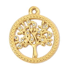 Macro detail of golden tree of life pendant with sparkling white cubic zirconia stones