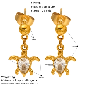 Titanium steel gold turtle earrings with cubic zirconia and size dimensions chart