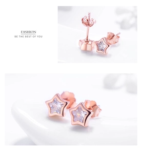 Vue détaillée des boucles d'oreilles étoiles en or rose avec zircons et fermoirs en argent S925
