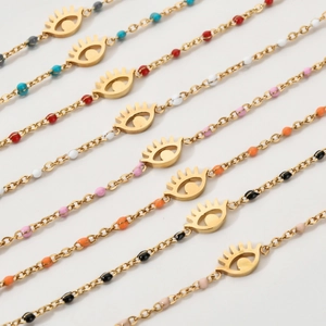 Colorful evil eye bead bracelets with gold stainless steel pendants in multiple colors