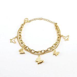 Double-layered gold stainless steel butterfly charm bracelet with textured details