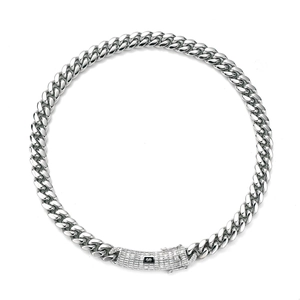 Polished silver stainless steel Cuban link necklace featuring a rectangle zircon clasp
