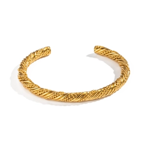 Retro twisted rope texture open bangle in 18K gold plated stainless steel for women