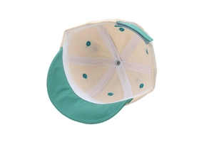 Internal structure of six-panel baby baseball cap with reinforced seams and metal button
