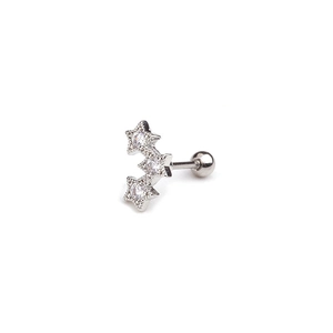 Close-up of silver triple star stud earrings with zirconia and screw ball backings