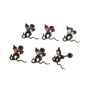 Set of 6 pairs of black bat screw-back earrings with colorful crystal gemstones