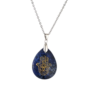 Hamsa Hand necklace with blue teardrop gemstone and silver stainless steel chain