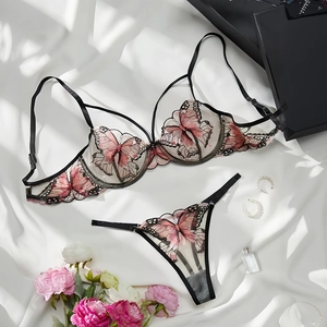 Sexy Butterfly Embroidery Bra And Thong Lingerie Mesh Transparent Underwire Romantic French Style
