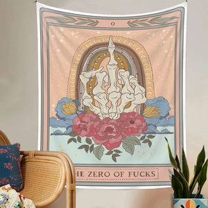 Detail of tarot style tapestry showing skeletal hand with rose and starry sky backdrop