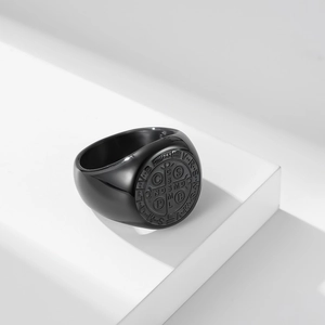 Men's black stainless steel St. Benedict exorcist signet ring with religious medal design