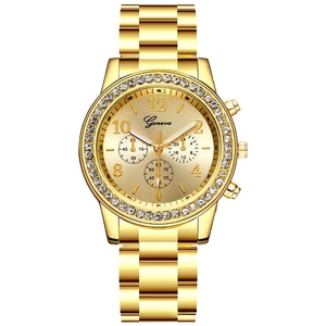 Fashionable Geneva women's gold quartz watch with rhinestones and triple decorative sub-dials
