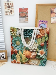 Embroidered canvas shoulder bag with floral succulent pattern and hemp rope handles