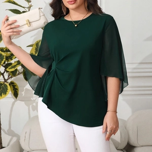 Detail of elegant dark green chiffon blouse featuring petal sleeves and waist knot design