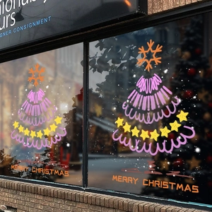 Pink hand-drawn Christmas tree window static stickers with Merry Christmas lettering