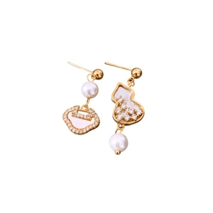 Gold asymmetrical earrings with zircon gourd and ruyi lock shell pearl details